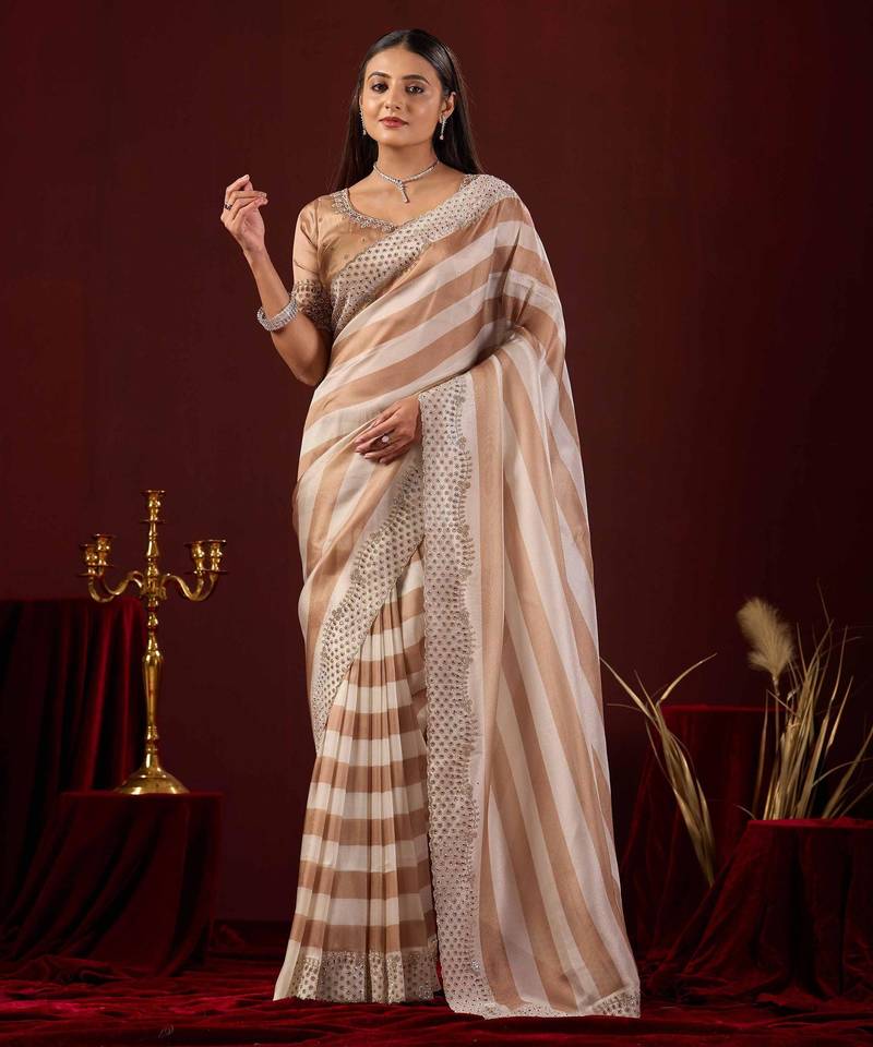 light weight brown stone and bead embroidery border chiffon saree with unstitched blouse