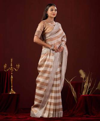 light weight brown stone and bead embroidery border chiffon saree with unstitched blouse 2