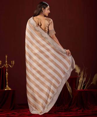 light weight brown stone and bead embroidery border chiffon saree with unstitched blouse 3