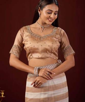 light weight brown stone and bead embroidery border chiffon saree with unstitched blouse 5