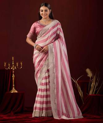 fashionable rose stone and bead embroidery border chiffon saree with unstitched blouse 1