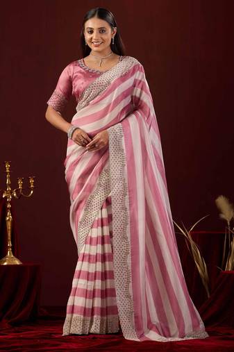 fashionable rose stone and bead embroidery border chiffon saree with unstitched blouse