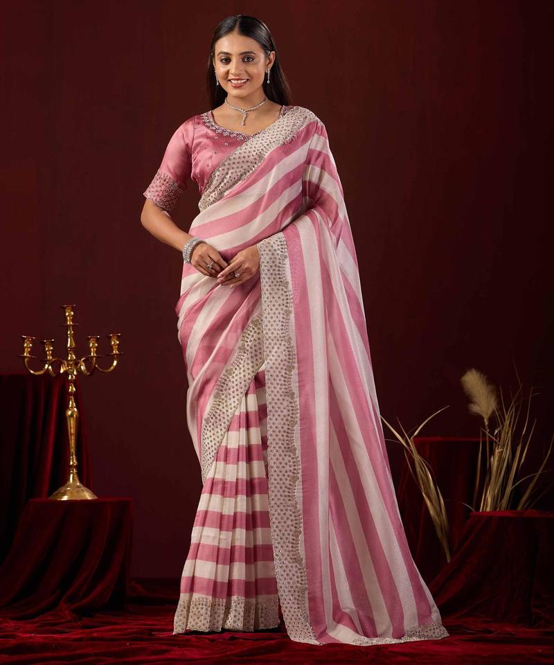 fashionable rose stone and bead embroidery border chiffon saree with unstitched blouse