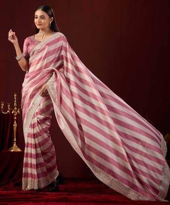 fashionable rose stone and bead embroidery border chiffon saree with unstitched blouse 2