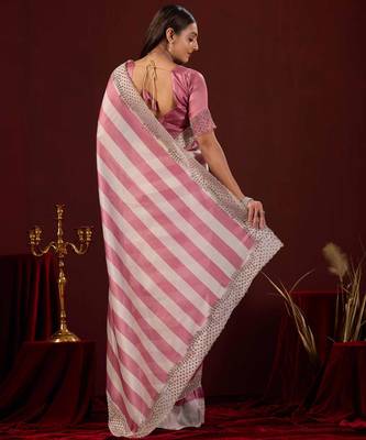 fashionable rose stone and bead embroidery border chiffon saree with unstitched blouse 3