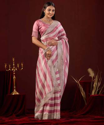 fashionable rose stone and bead embroidery border chiffon saree with unstitched blouse 4