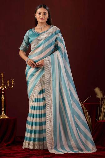soft silk teal blue stone and bead embroidery border chiffon saree with unstitched blouse