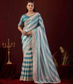 soft silk teal blue stone and bead embroidery border chiffon saree with unstitched blouse
