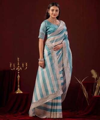 soft silk teal blue stone and bead embroidery border chiffon saree with unstitched blouse 2