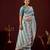 soft silk teal blue stone and bead embroidery border chiffon saree with unstitched blouse