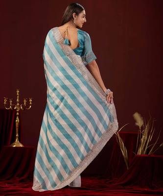 soft silk teal blue stone and bead embroidery border chiffon saree with unstitched blouse 3