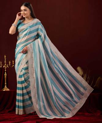 soft silk teal blue stone and bead embroidery border chiffon saree with unstitched blouse 4