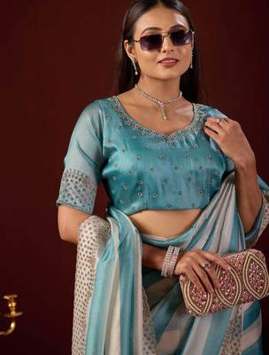 soft silk teal blue stone and bead embroidery border chiffon saree with unstitched blouse 5