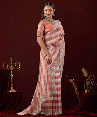 celebrity type light peach stone and bead embroidery border chiffon saree with unstitched blouse 1