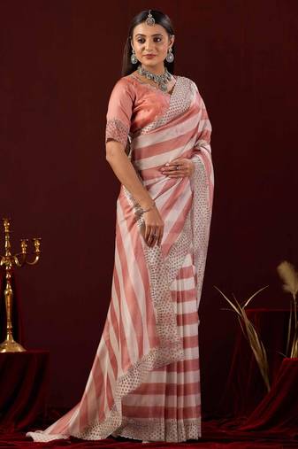 celebrity type light peach stone and bead embroidery border chiffon saree with unstitched blouse