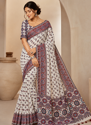 White Ajrakh Print With Mirror And Latkan Japan Satin Saree 1