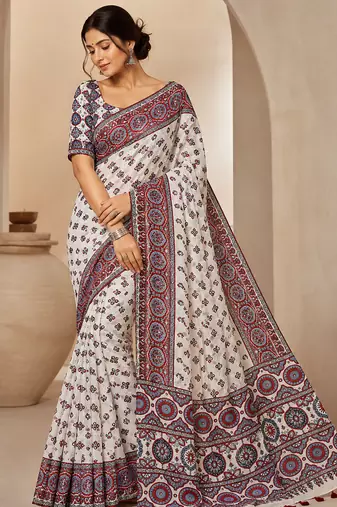 White Ajrakh Print With Mirror And Latkan Japan Satin Saree