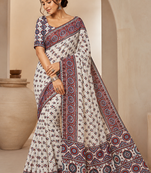 White Ajrakh Print With Mirror And Latkan Japan Satin Saree