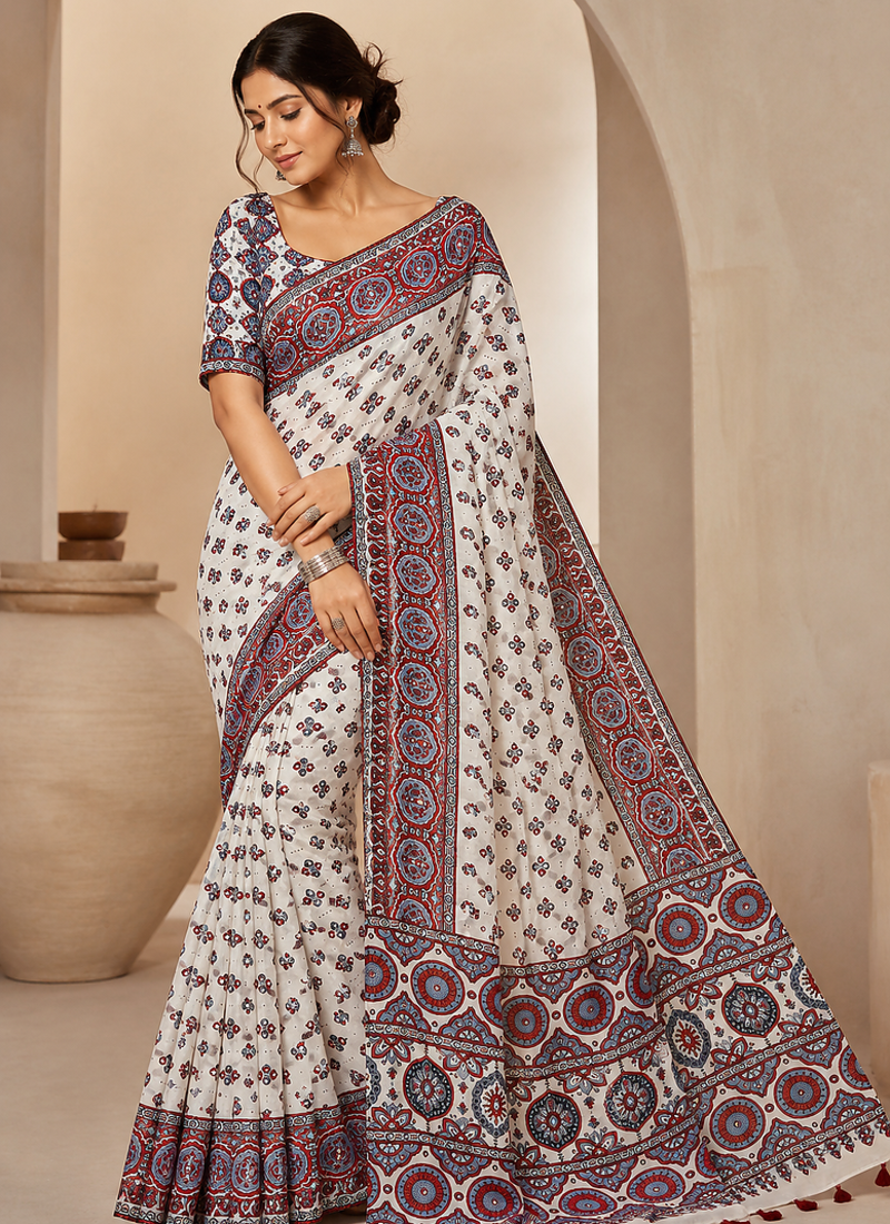 White Ajrakh Print With Mirror And Latkan Japan Satin Saree