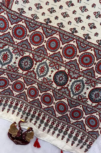 White Ajrakh Print With Mirror And Latkan Japan Satin Saree