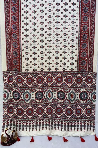 White Ajrakh Print With Mirror And Latkan Japan Satin Saree