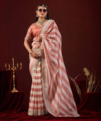 celebrity type light peach stone and bead embroidery border chiffon saree with unstitched blouse 2