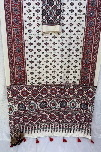 White Ajrakh Print With Mirror And Latkan Japan Satin Saree