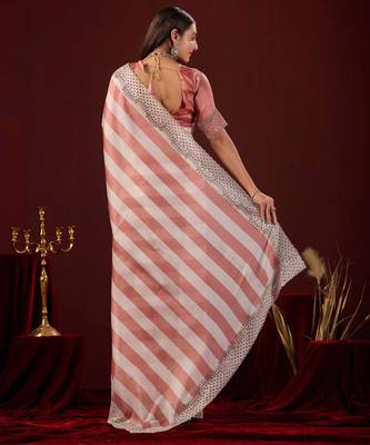 celebrity type light peach stone and bead embroidery border chiffon saree with unstitched blouse 3