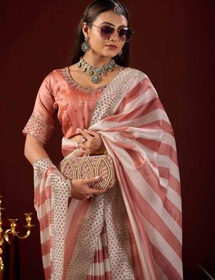 celebrity type light peach stone and bead embroidery border chiffon saree with unstitched blouse 4
