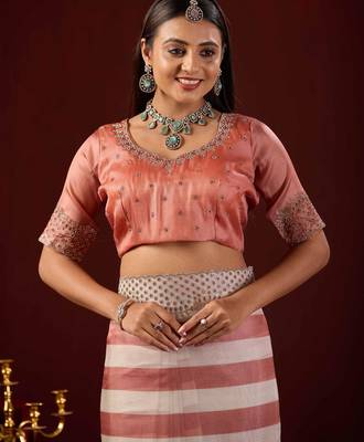 celebrity type light peach stone and bead embroidery border chiffon saree with unstitched blouse 5