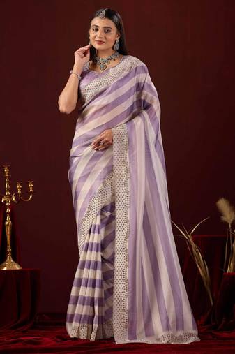 floral lavender stone and bead embroidery border chiffon saree with unstitched blouse
