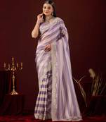 floral lavender stone and bead embroidery border chiffon saree with unstitched blouse