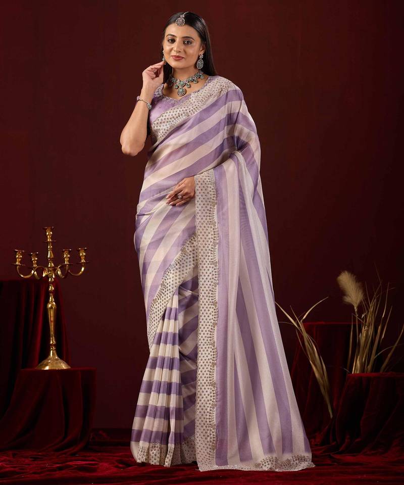 floral lavender stone and bead embroidery border chiffon saree with unstitched blouse