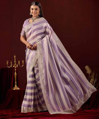 floral lavender stone and bead embroidery border chiffon saree with unstitched blouse 2