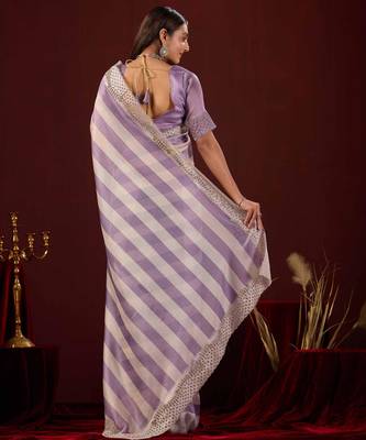 floral lavender stone and bead embroidery border chiffon saree with unstitched blouse 3