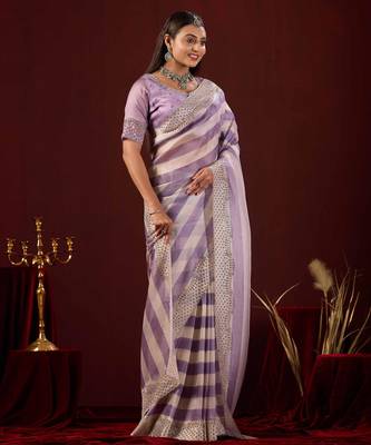 floral lavender stone and bead embroidery border chiffon saree with unstitched blouse 4