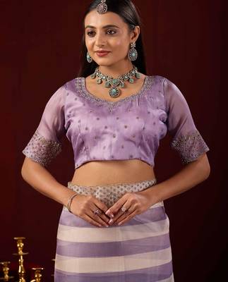 floral lavender stone and bead embroidery border chiffon saree with unstitched blouse 5