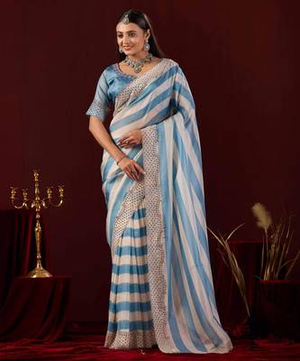 embellished blue stone and bead embroidery border chiffon saree with unstitched blouse 1