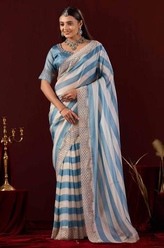 embellished blue stone and bead embroidery border chiffon saree with unstitched blouse
