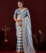 embellished blue stone and bead embroidery border chiffon saree with unstitched blouse
