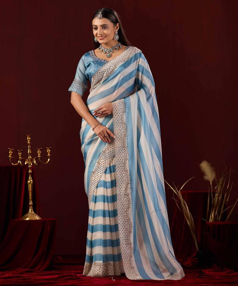 embellished blue stone and bead embroidery border chiffon saree with unstitched blouse