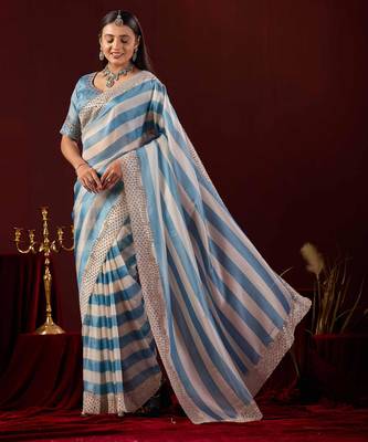 embellished blue stone and bead embroidery border chiffon saree with unstitched blouse 2