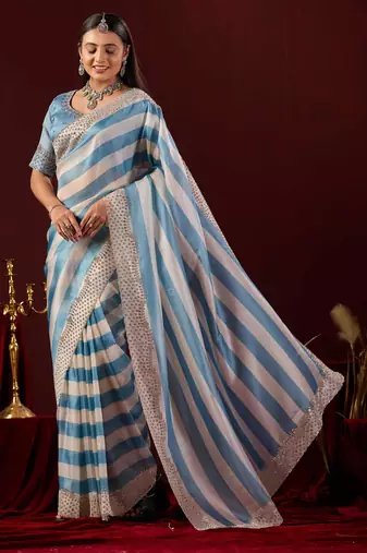 embellished blue stone and bead embroidery border chiffon saree with unstitched blouse