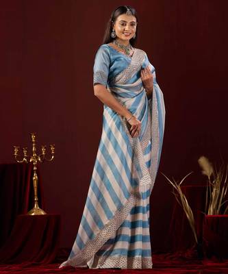 embellished blue stone and bead embroidery border chiffon saree with unstitched blouse 3