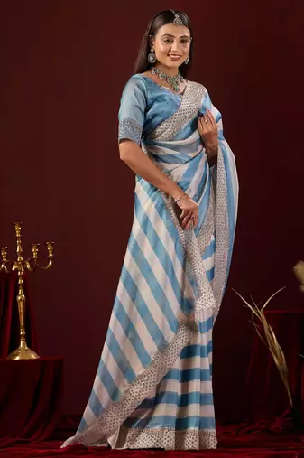 embellished blue stone and bead embroidery border chiffon saree with unstitched blouse