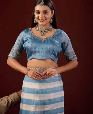 embellished blue stone and bead embroidery border chiffon saree with unstitched blouse 5