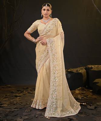 ethnic light yellow pastel floral embroidered border kashmiri organza saree with unstitched blouse 1