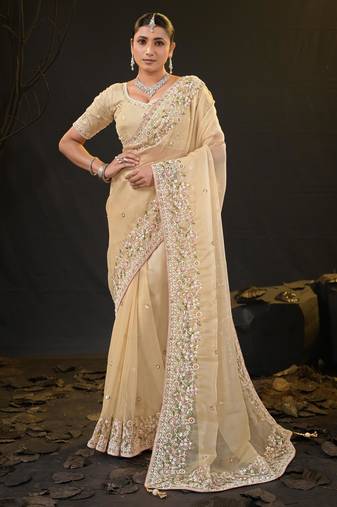 ethnic light yellow pastel floral embroidered border kashmiri organza saree with unstitched blouse