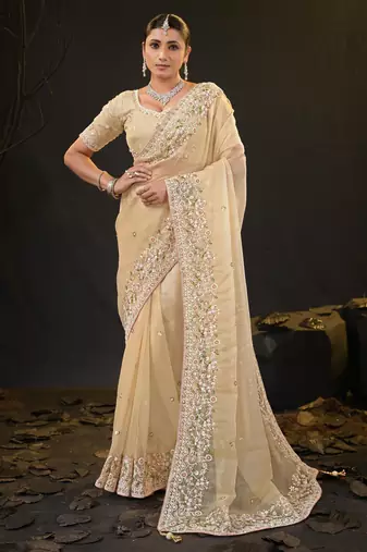 ethnic light yellow pastel floral embroidered border kashmiri organza saree with unstitched blouse