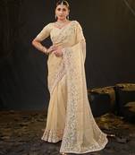ethnic light yellow pastel floral embroidered border kashmiri organza saree with unstitched blouse